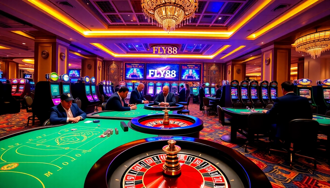 FLY88 casino scene with poker tables and slot machines, showcasing luxury and excitement.