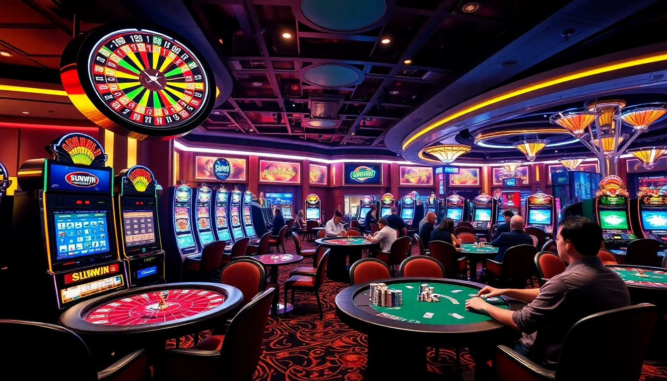 Experience thrilling moments at Sunwin casino games with vibrant slot machines and poker tables.
