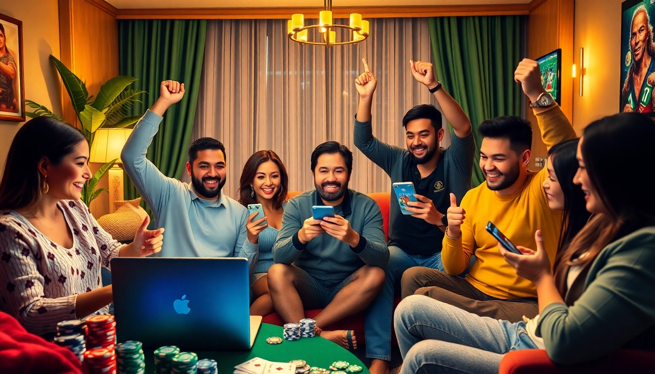 Exciting online gambling experience at winvn88.live featuring diverse players celebrating wins in a cozy setting.
