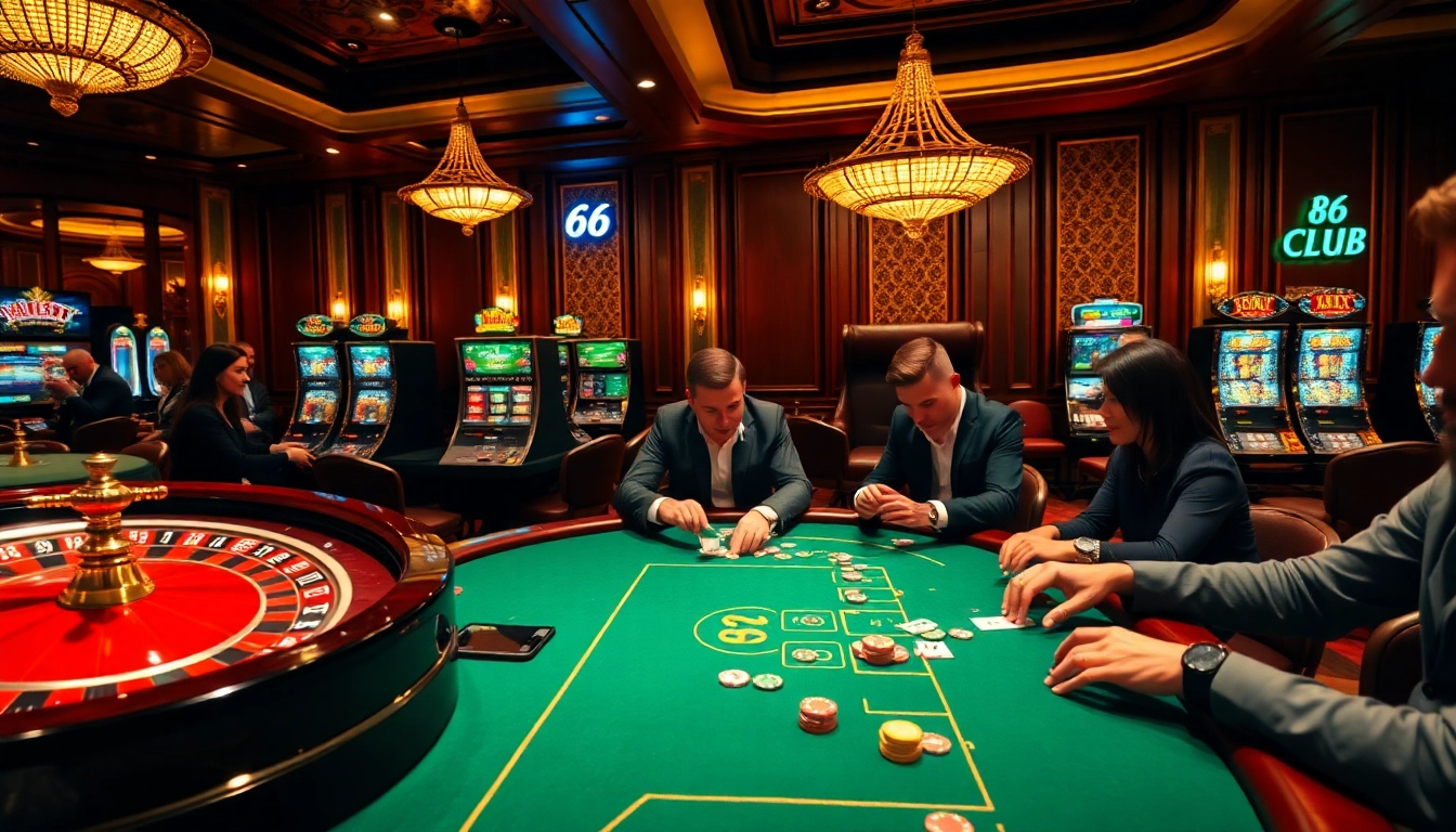 B66 CLUB featuring vibrant casino activities with roulette wheels and poker tables in a luxurious setting.