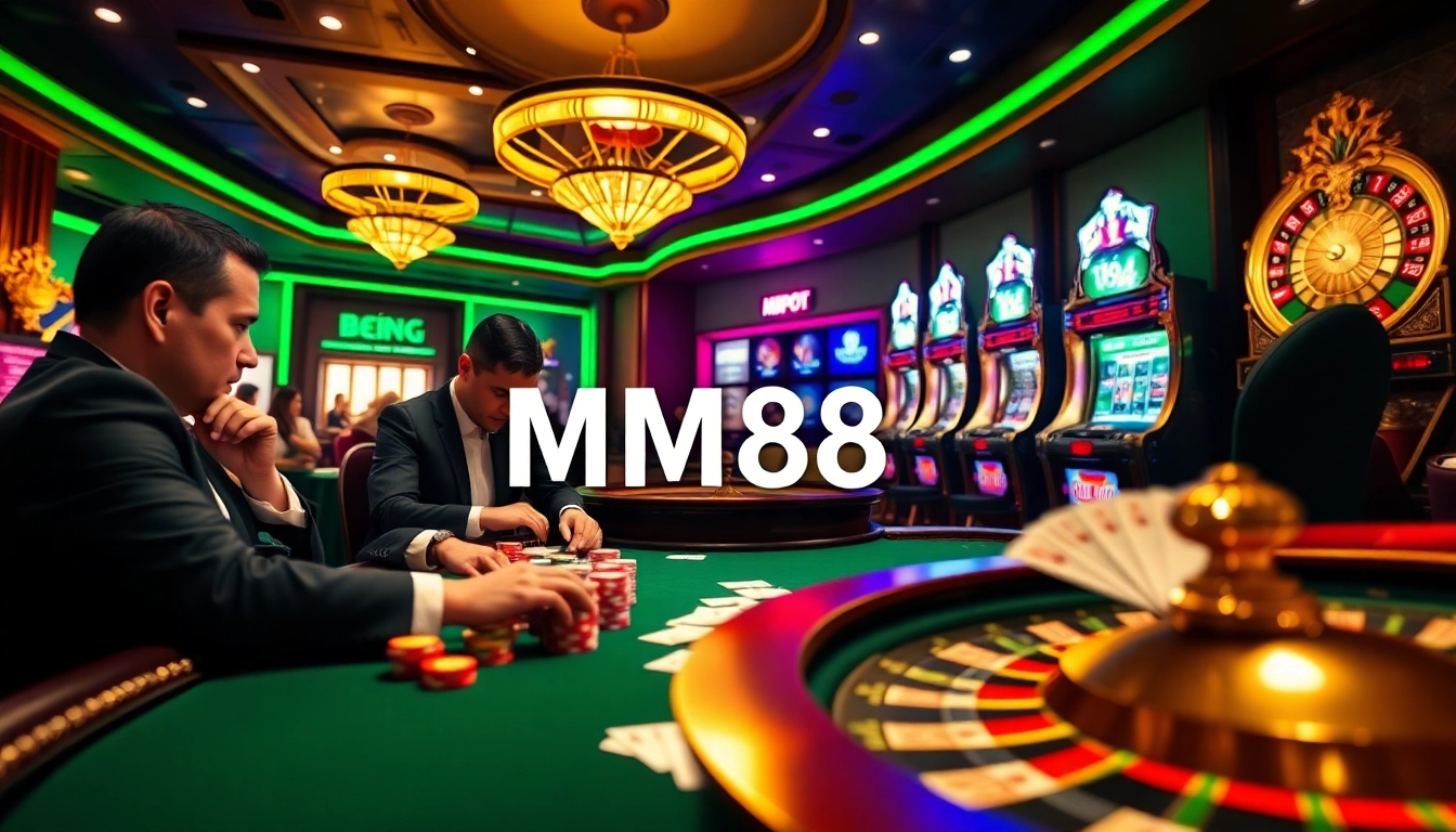 MM88 casino scene with vibrant poker table and roulette wheel inviting thrill-seeking gamblers.