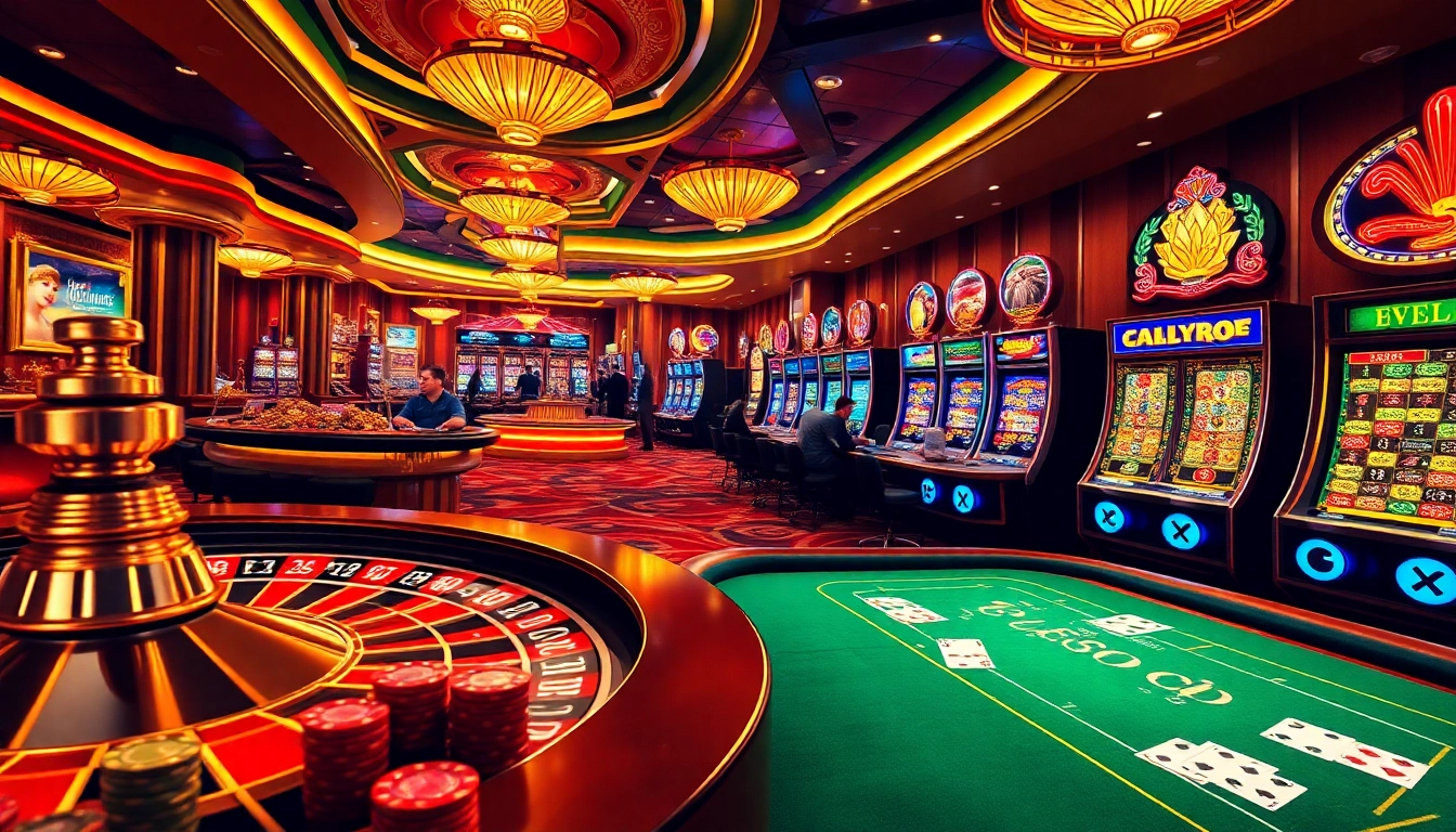 Experience thrilling gambling action at https://ok365vvip.com/ with vibrant casino visuals showcasing poker tables and roulette wheels.