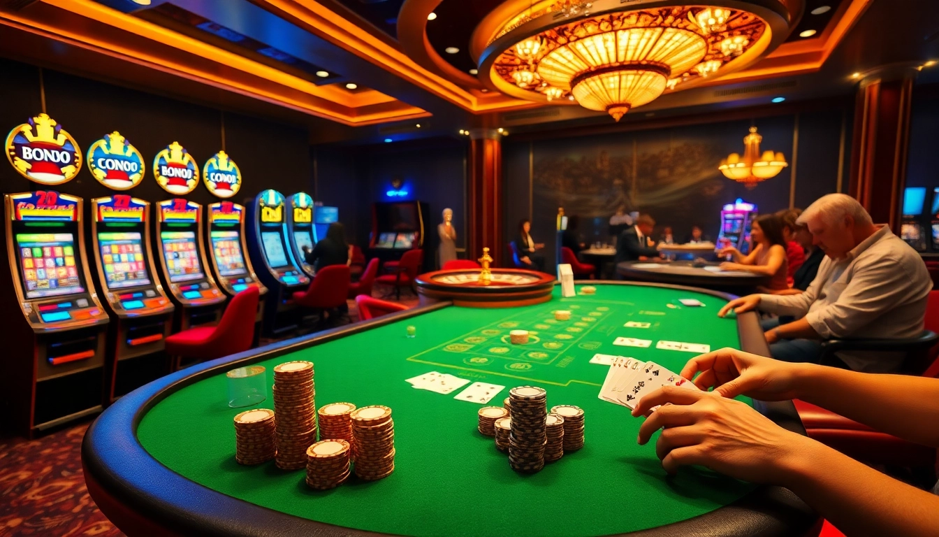Experience the thrill of gaming at Luckywin's luxurious casino with vibrant slot machines and poker tables.