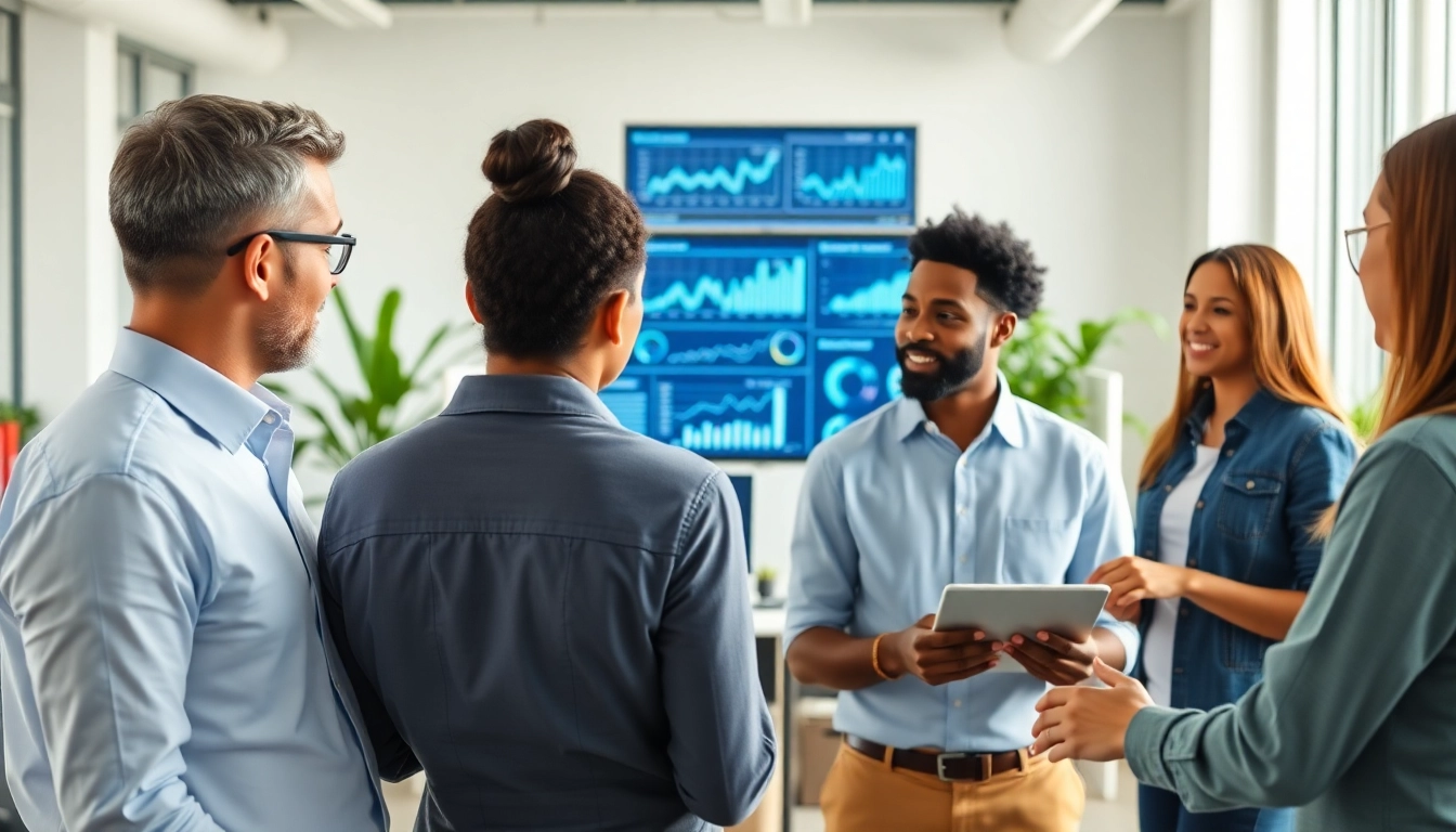 Team collaborating on search optimization services in a bright, modern office environment.