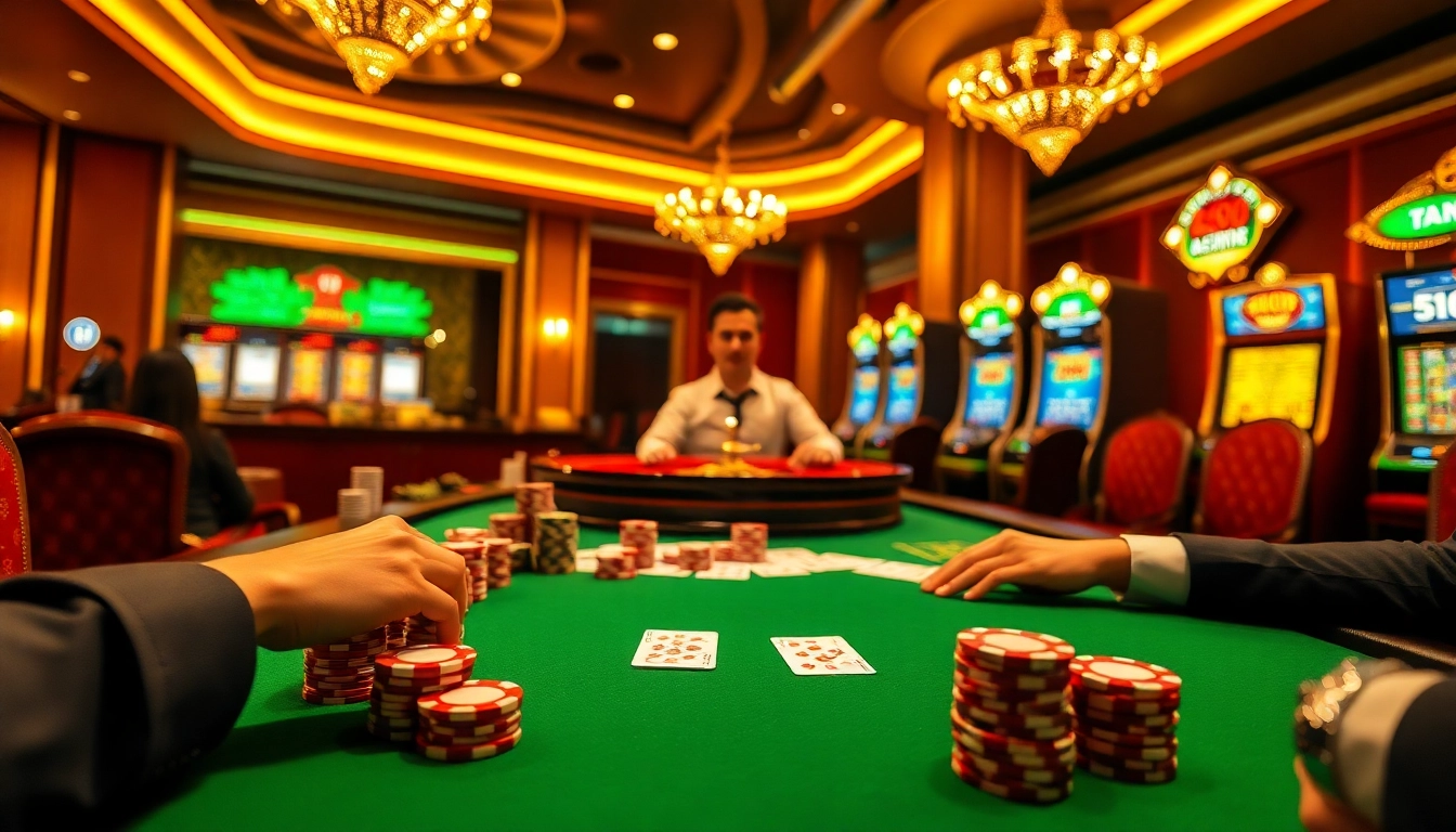 Experience the thrill of online gambling at trang chủ dn88 with an exciting casino scene featuring poker chips and cards.