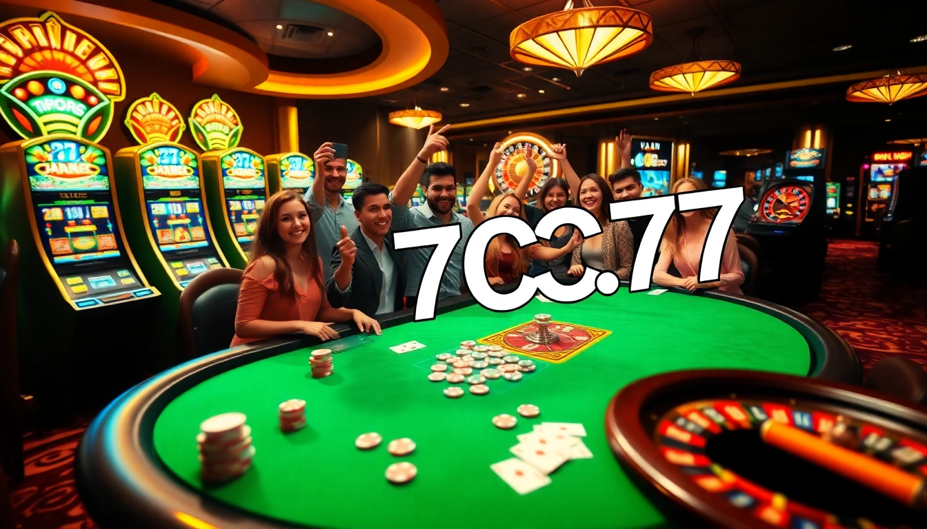 Excited players celebrating a win at 7C77 casino, surrounded by poker chips and colorful slot machines.