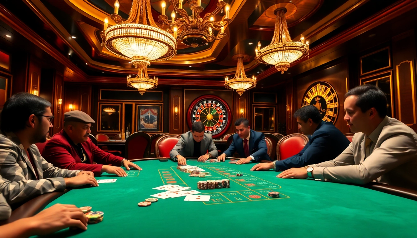 Exciting poker game action at the opulent casino inspired by https://f1682.email/ with vibrant chips and cards.