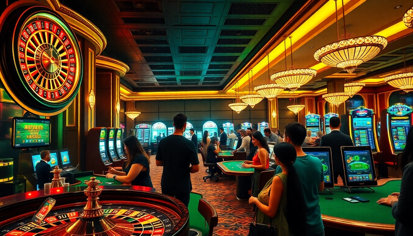 Experience the excitement of win98 themed casino gaming with vibrant tables and eager players.