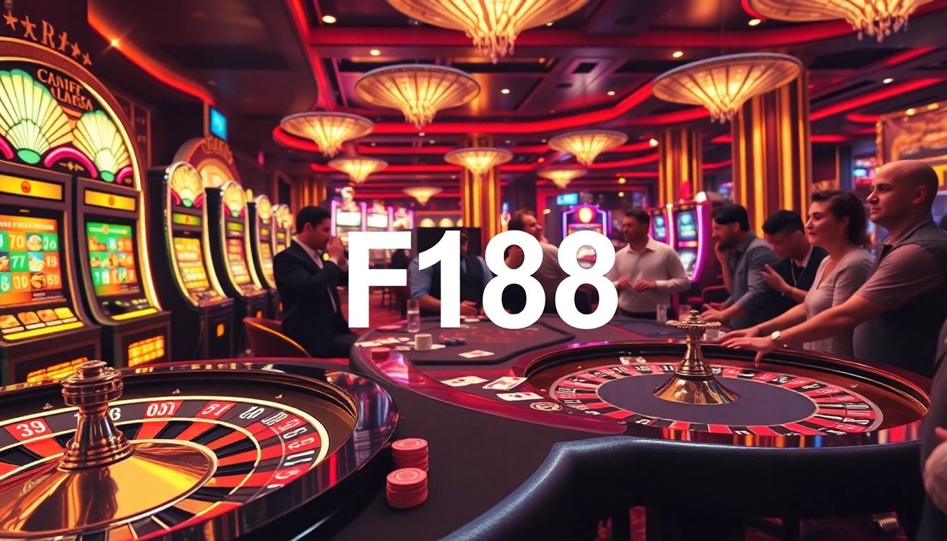 Engage in high-stakes gaming at F168 with vibrant casino tables, cards, and colorful slot machines.