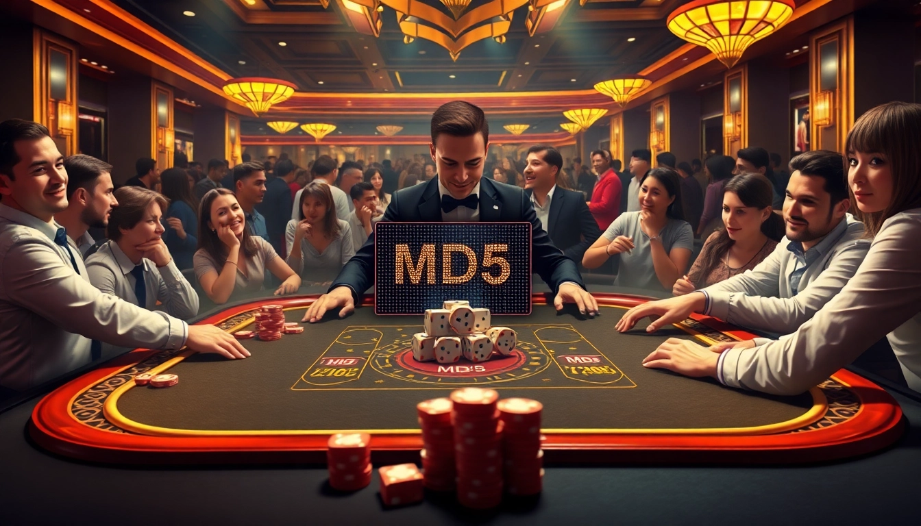 Tài xỉu md5 gaming table with elegant chips and dice in a luxurious casino.