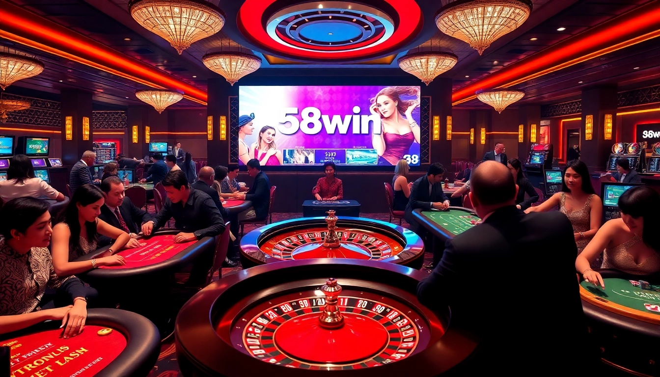 Experience the thrilling atmosphere of 58win at a luxurious casino with poker and roulette tables.