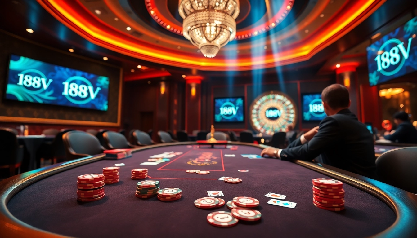 Experience thrilling gameplay at the luxurious 188V casino with poker chips, cards, and a roulette wheel.