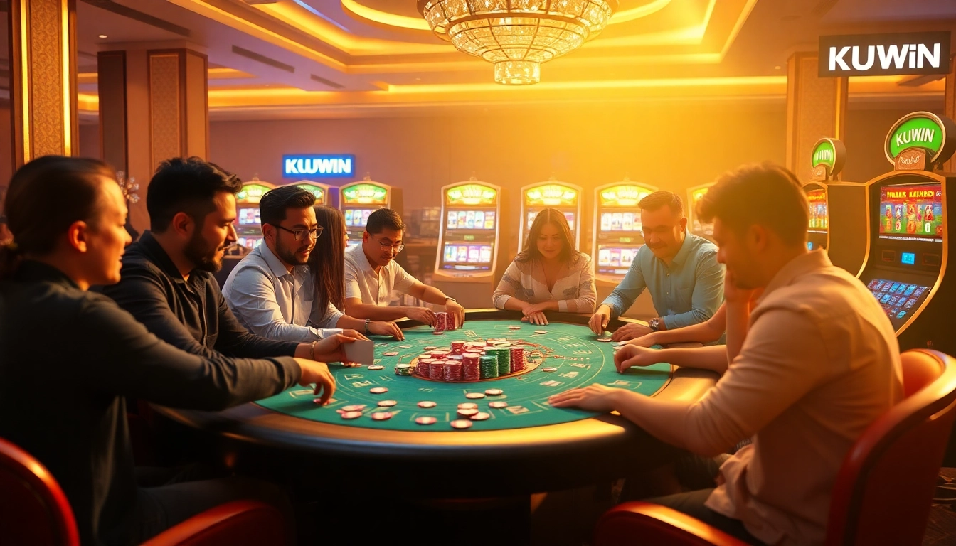Players enjoying a thrilling KUWIN casino experience with vibrant chips and a lively atmosphere.