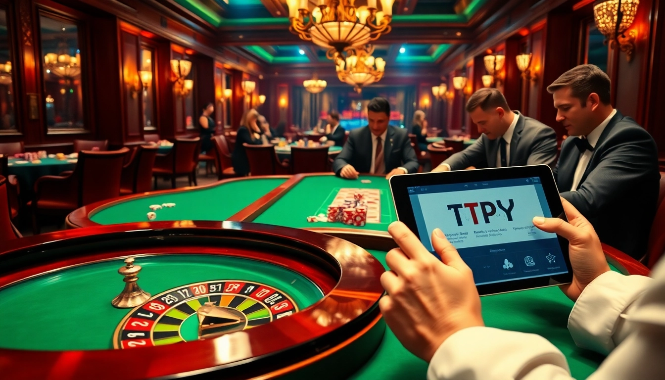 TPJ casino scene with excited gamblers at poker tables and vibrant roulette wheel.