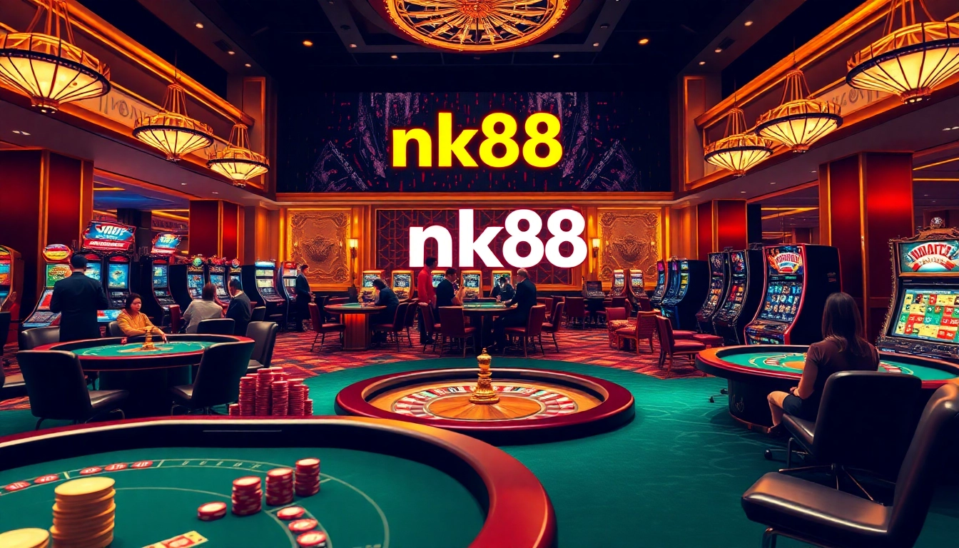 Players enjoying casino games at nk88, featuring poker tables, roulette wheels, and vibrant slot machines.