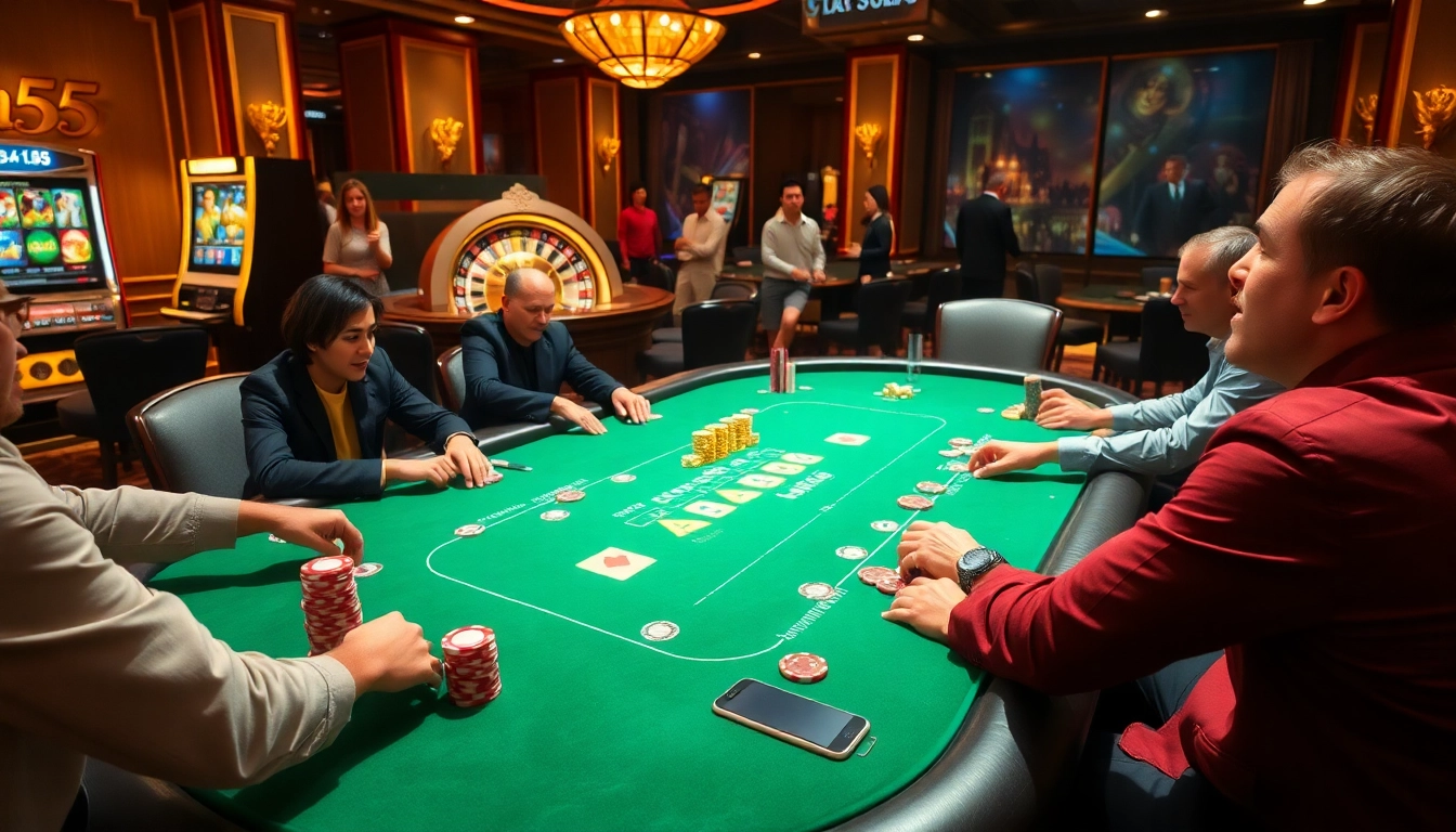 Players enjoying a high-stakes poker game with excitement at win55 casino.