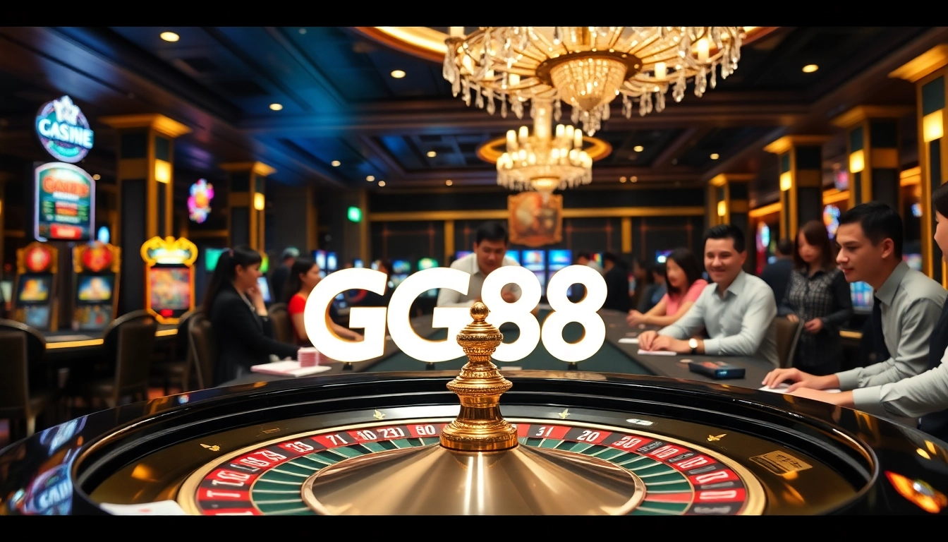 Players winning big at GG88 casino with vibrant roulette, poker, and slot machines.