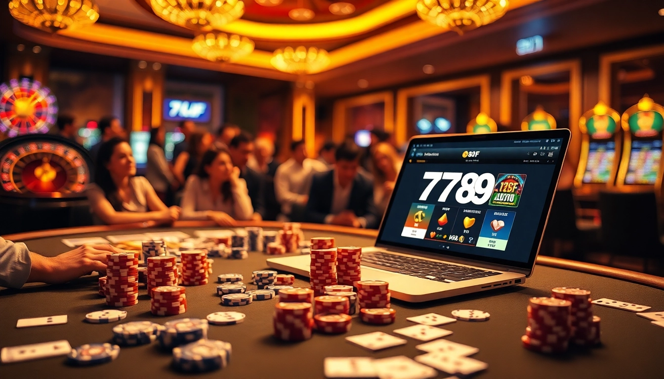 Players engaging at a luxurious 789F casino table with poker chips and cards in a vibrant setting.