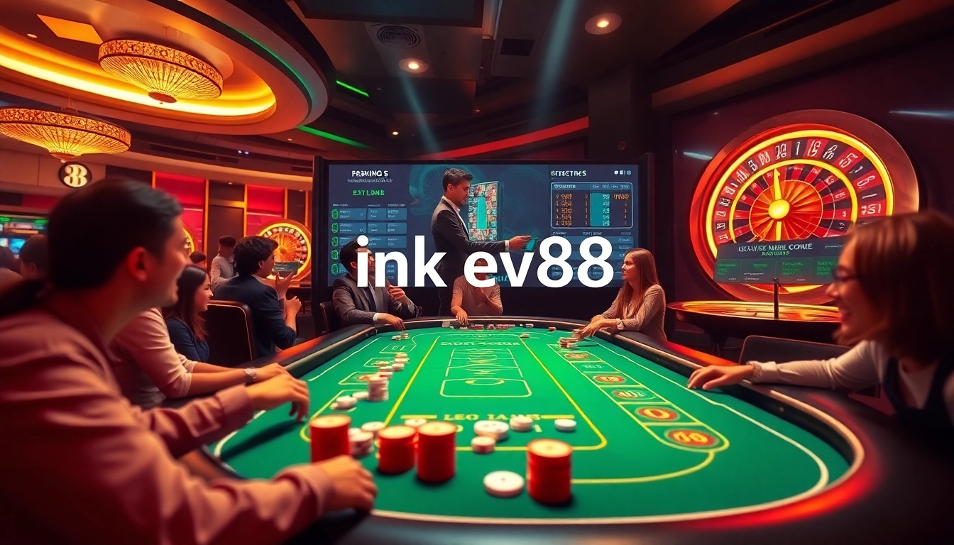 Experience the thrill of online gaming with link ev88 at a vibrant casino setup featuring poker tables and roulette wheels.