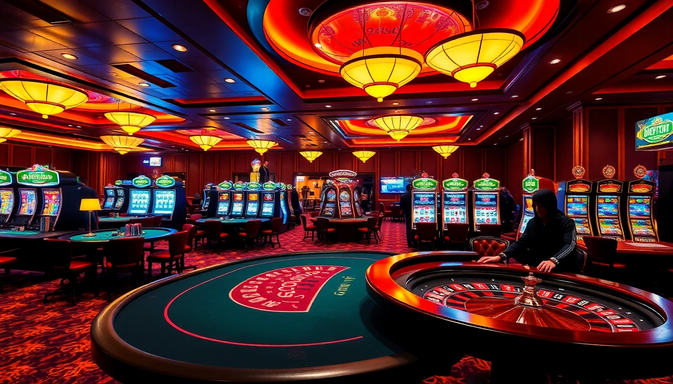 Exciting gaming scene at https://xx88.eu.com/ featuring poker tables and slot machines.