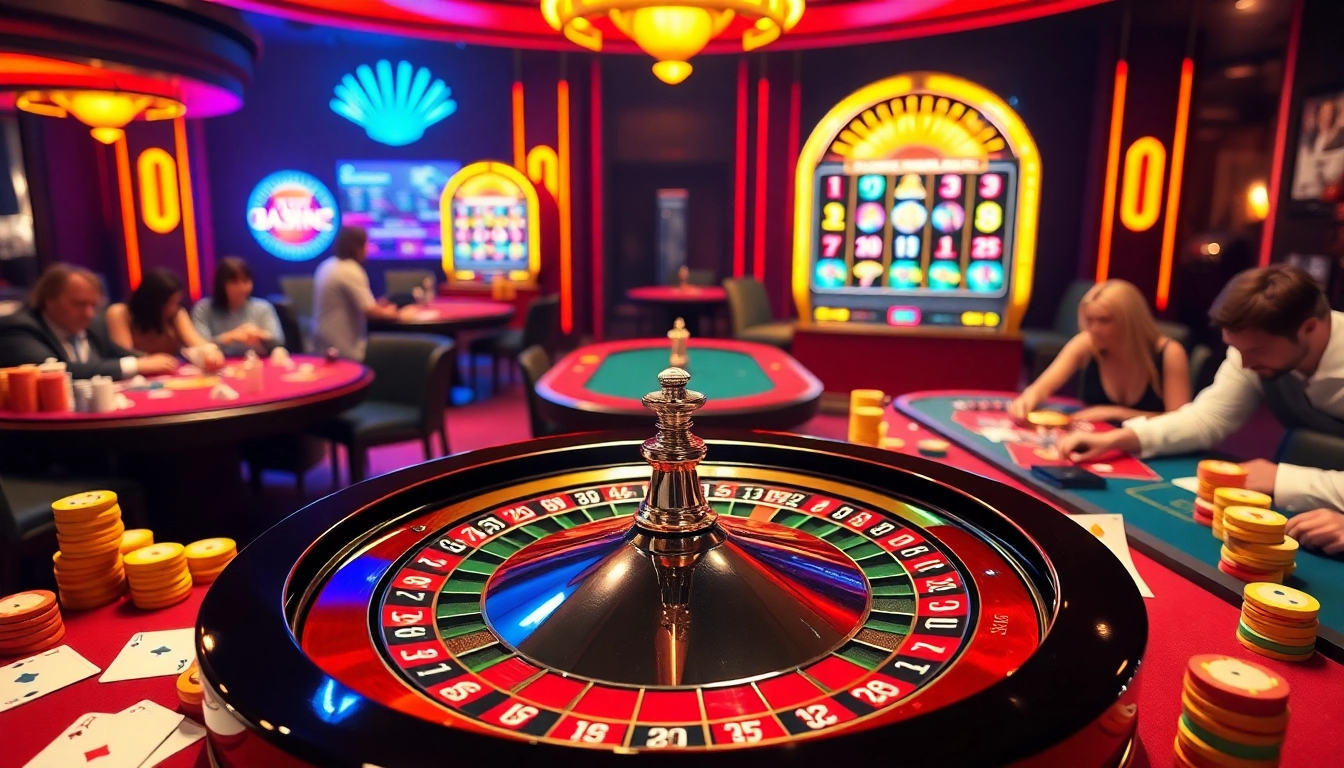 Experience the vibrant gaming excitement of Luckywin, featuring thrilling tables, poker chips, and a roulette wheel.