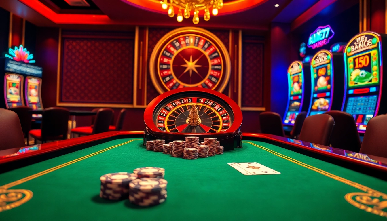 KUBET77: Engaging casino scene with poker chips, roulette wheel, and slot machines.