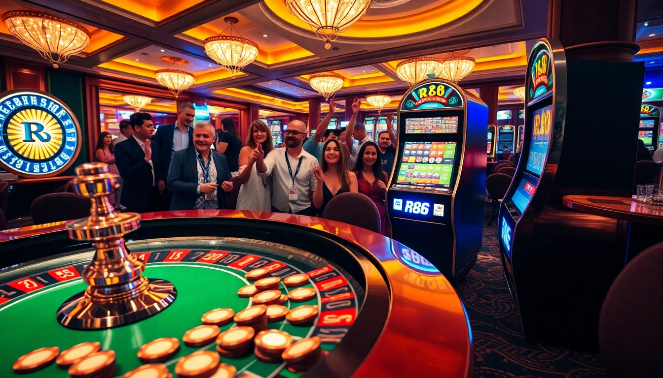 Experience an exciting RR88 casino environment with vibrant gaming tables and celebrating players.