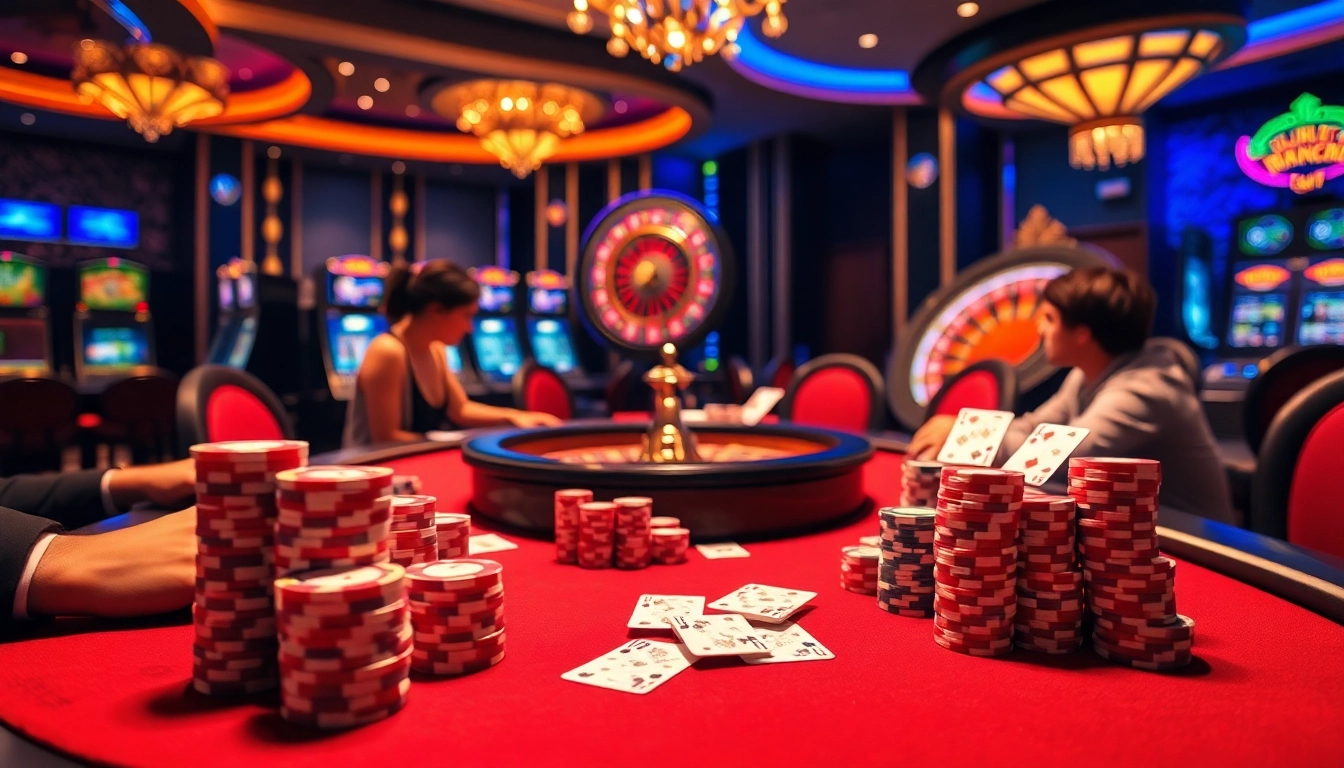 Players strategizing at a luxurious poker table featured on https://mb66-th.com/ with vibrant chips and cards.