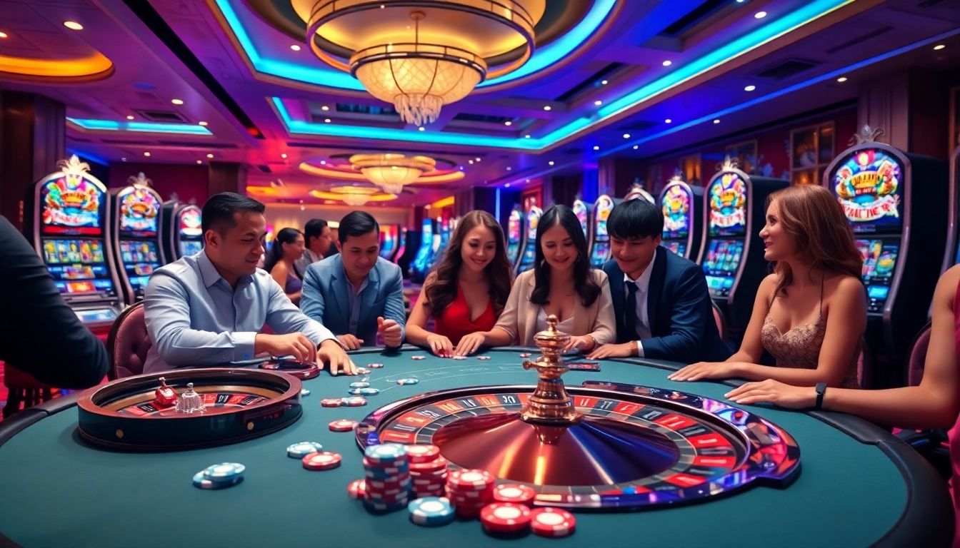Excited players at a high-end casino table showcasing 68WIN's luxurious gambling atmosphere.