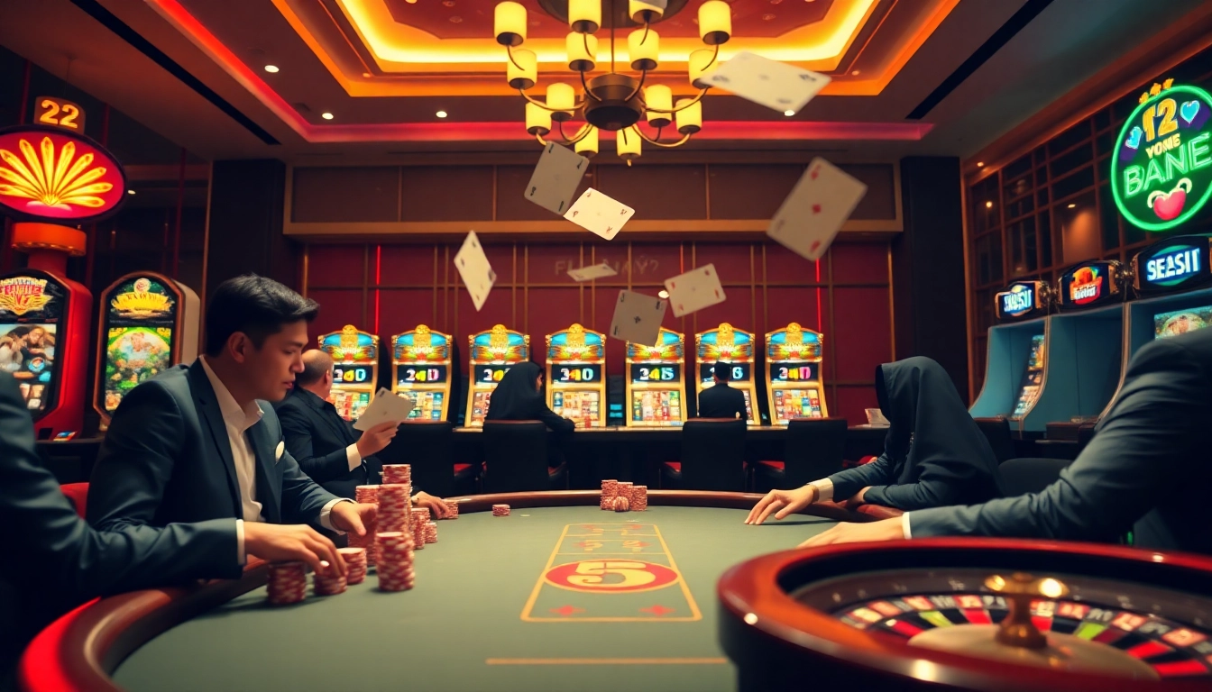 Engaging players in a luxurious casino atmosphere with FLY88 đăng nhập at vibrant poker and slot tables.