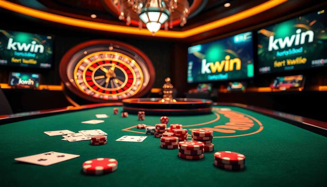 Engage in thrilling casino action at https://kwin.bio/ featuring poker chips, cards, and vibrant roulette.