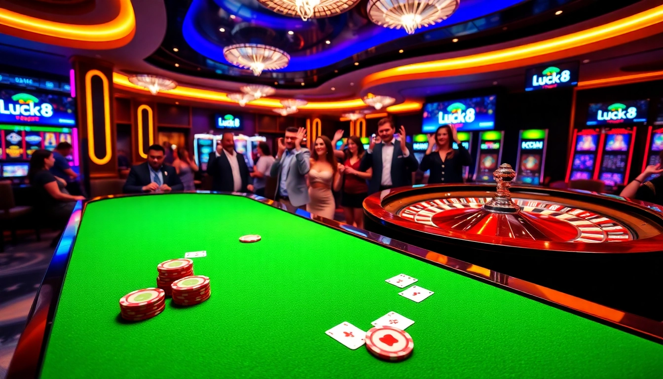 Players enjoying an exciting game at Luck8 casino, featuring poker chips and a roulette wheel.