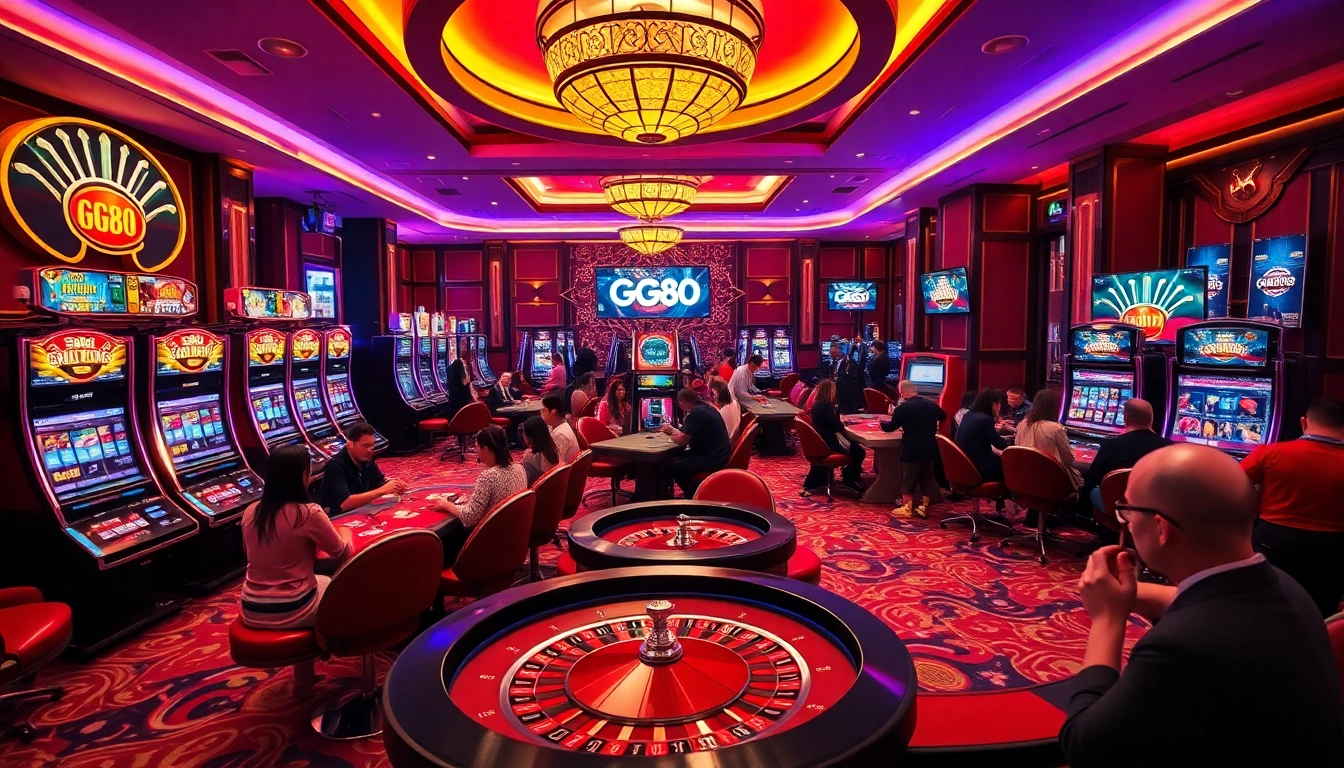 Players enjoy thrilling games at GG88 casino with vibrant slot machines and roulette tables.