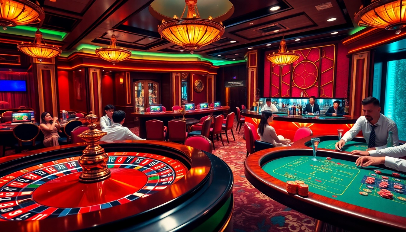 This image captures the thrill of the gaming experience at https://jun88pl.com/, featuring a luxurious casino scene with poker tables, roulette wheel, and excited players.