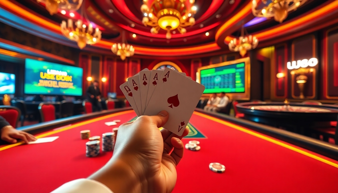 Engaging poker action featuring UU88 on a high-stakes table with vibrant chips.