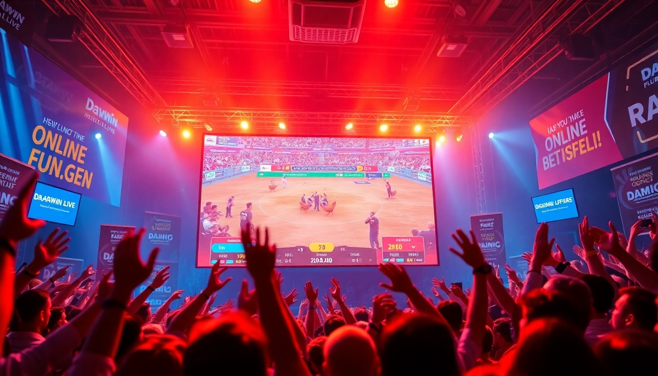 Live chicken fighting at dagawin.live with vibrant spectators and promotional displays.