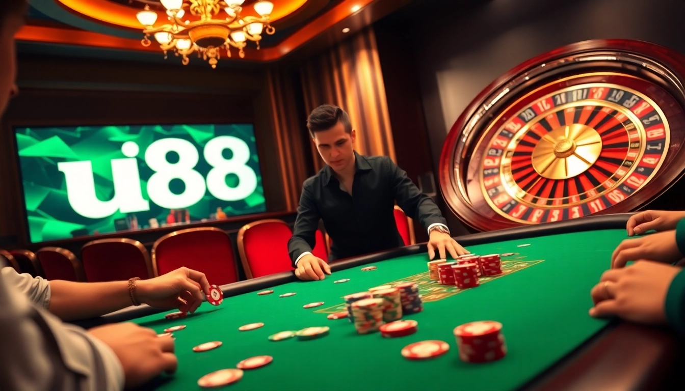Play cards at a vibrant u88 casino poker table surrounded by excitement and luxury.