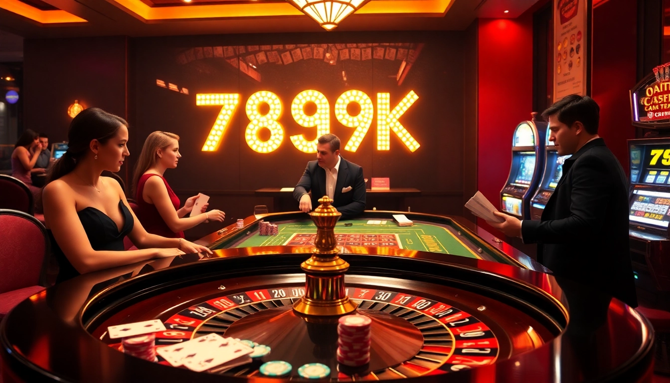Experience the excitement of a casino setting with a 789K themed roulette table and players in action.