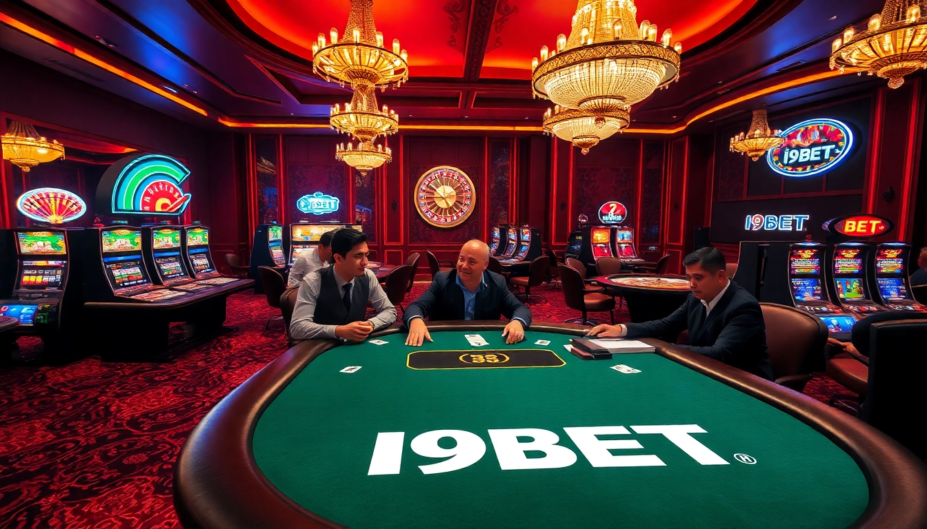 I9BET poker table scene with excited players engaging in high-stakes betting.