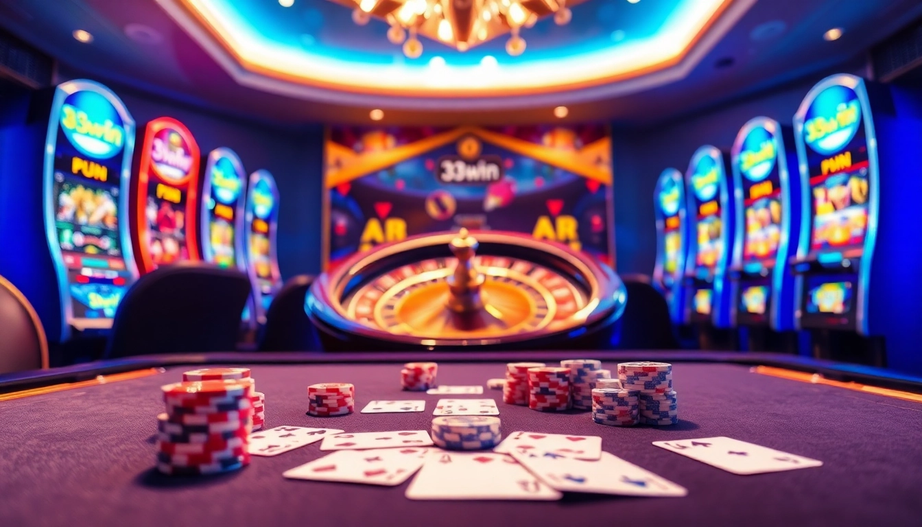 33win casino scene with vibrant slot machines and roulette wheel, inviting excitement.