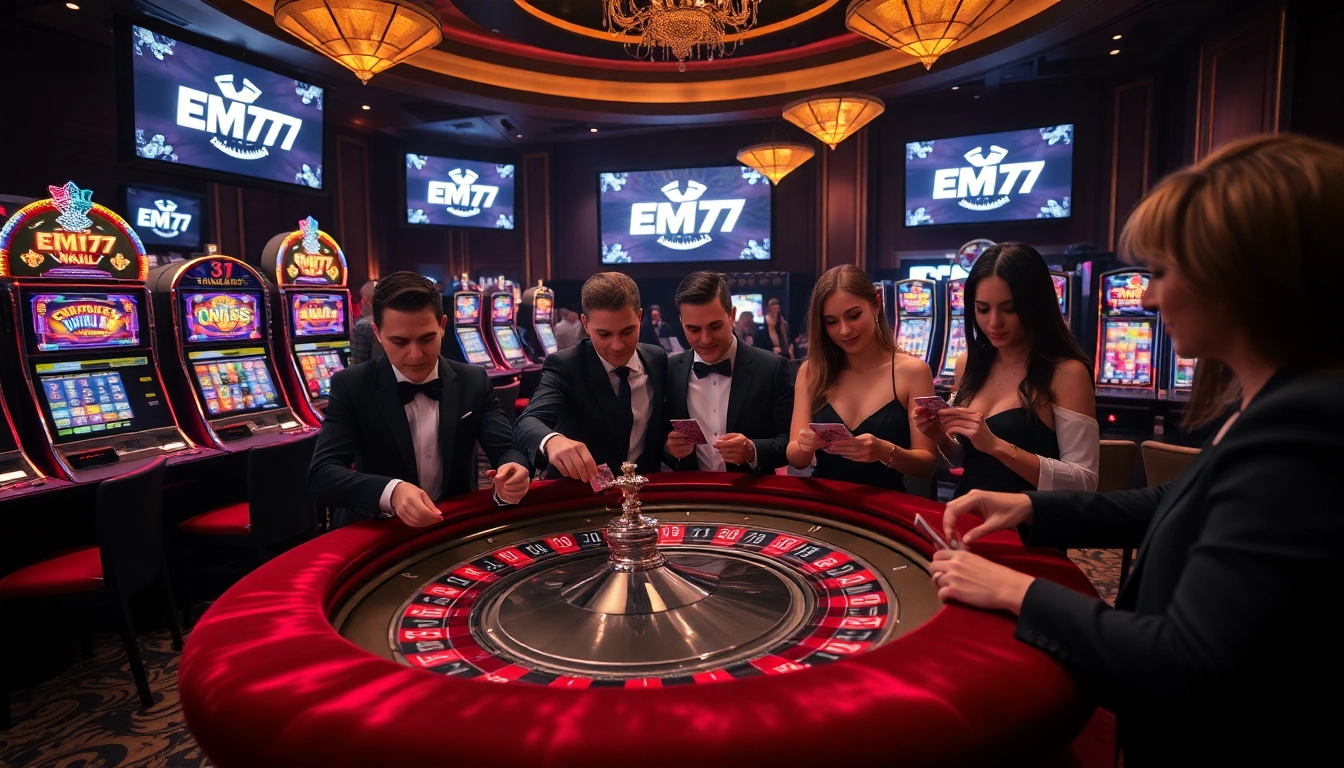 Experience thrilling gaming action at EM777 with vibrant roulette tables and lively players.