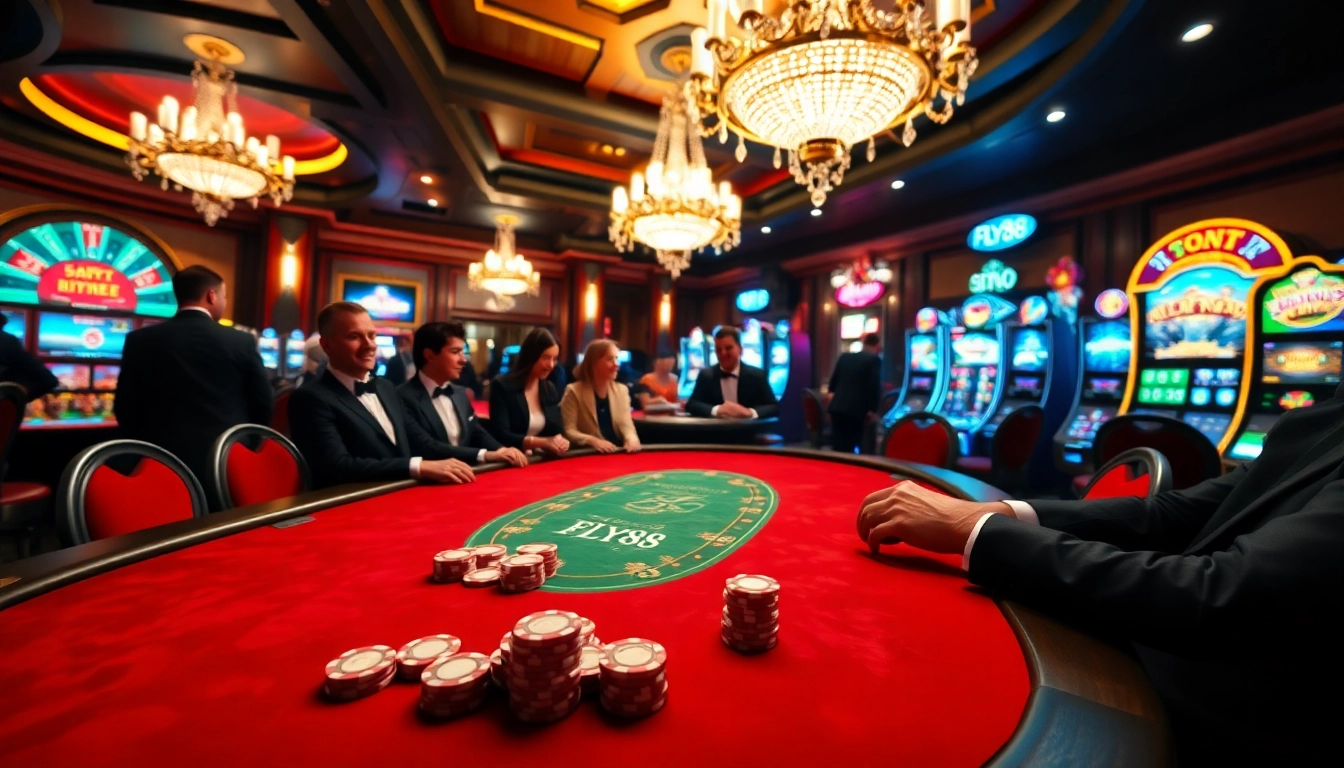 Experience the excitement of trang FLY88 chính thức at a luxurious casino table with vibrant poker chips.