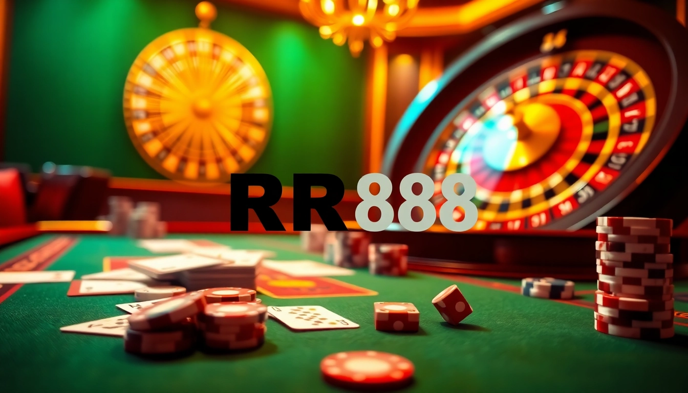 RR88 casino table showcasing vibrant poker chips and cards, captivating an exciting gambling atmosphere.
