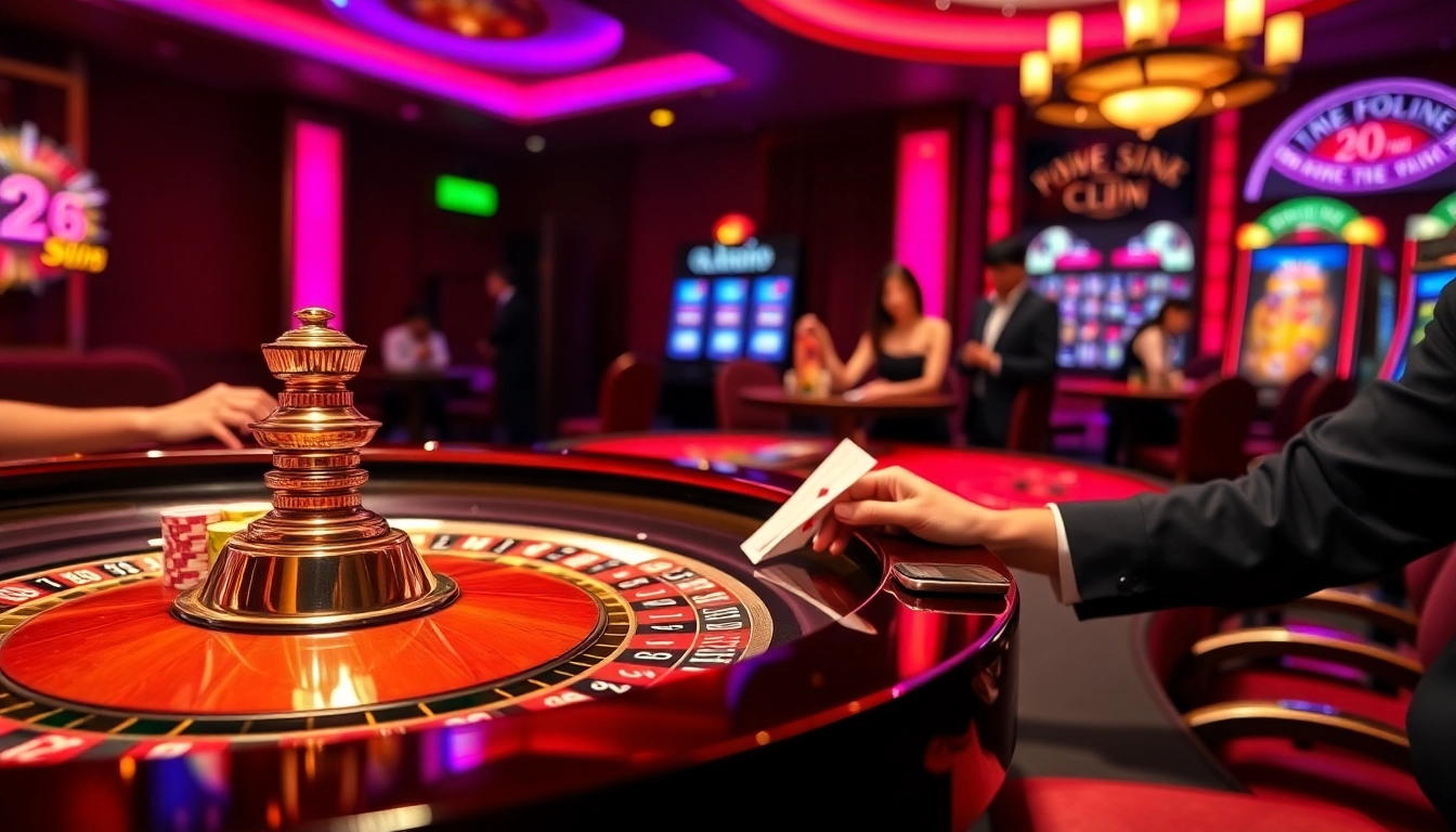 Experience the excitement at 13win with poker chips and roulette in a luxury casino setting.