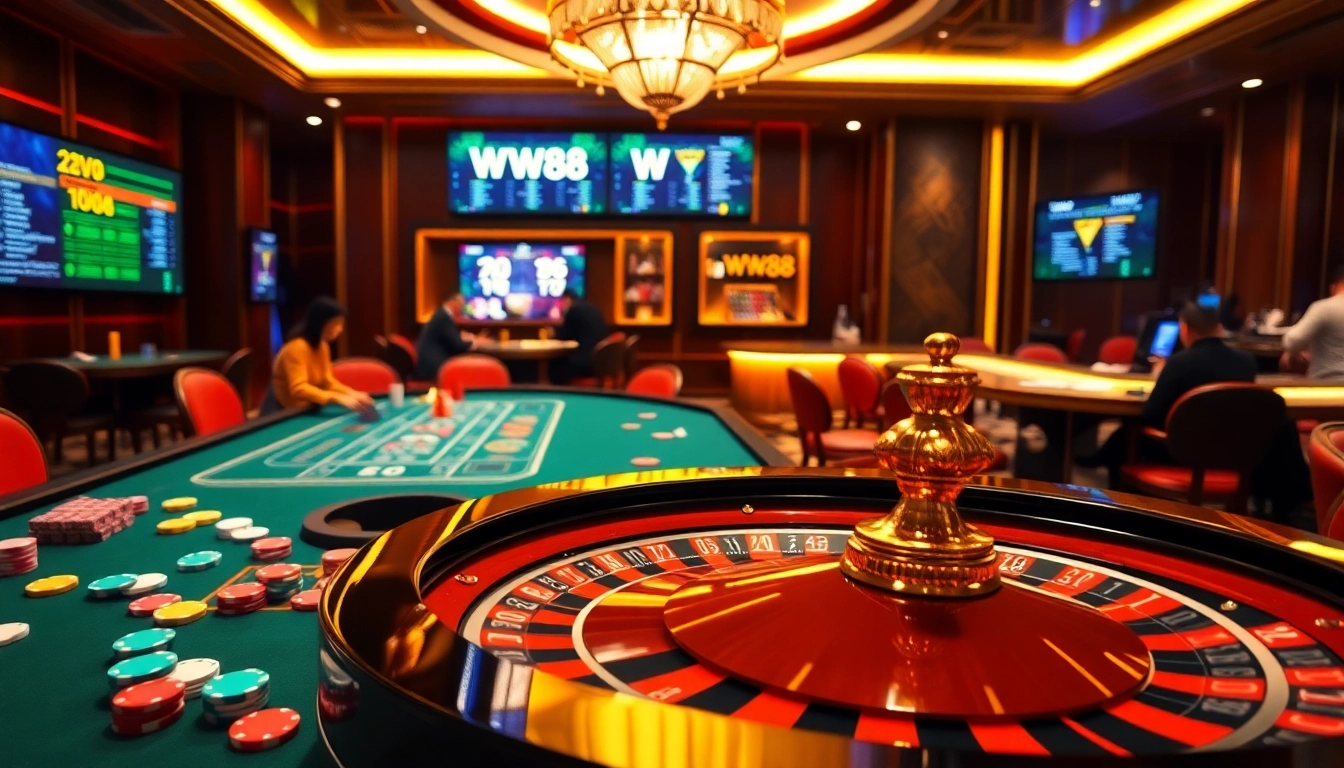 Players enthusiastically engaging at WW88 casino tables, with chips and cards displayed.