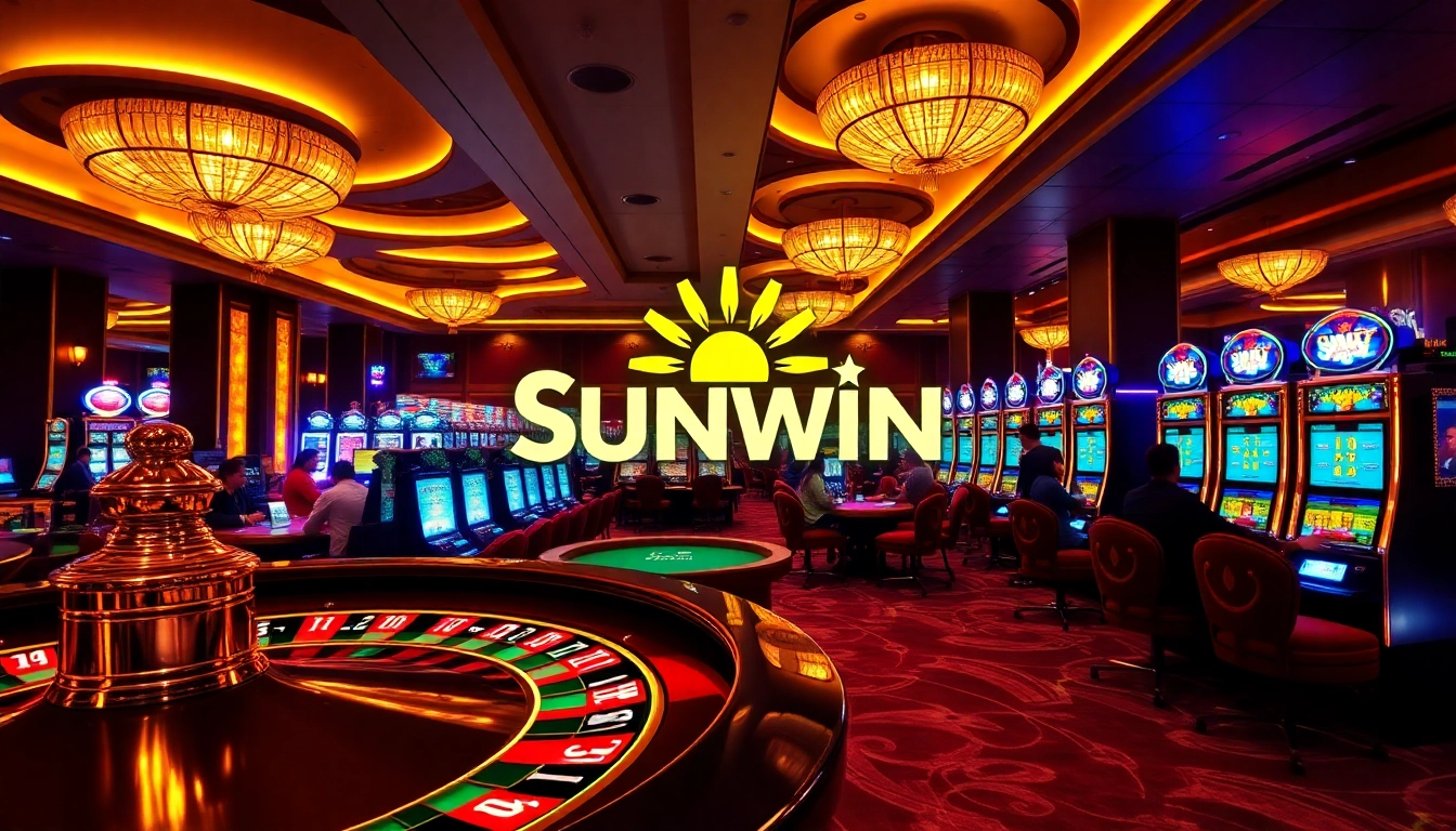 Players enjoying thrilling games at Sunwin Casino with vibrant roulette and slot machines.
