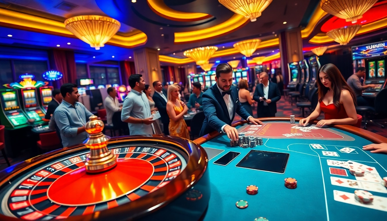 Players enjoying various casino games at sunwin in an elegant setting with vibrant lighting.