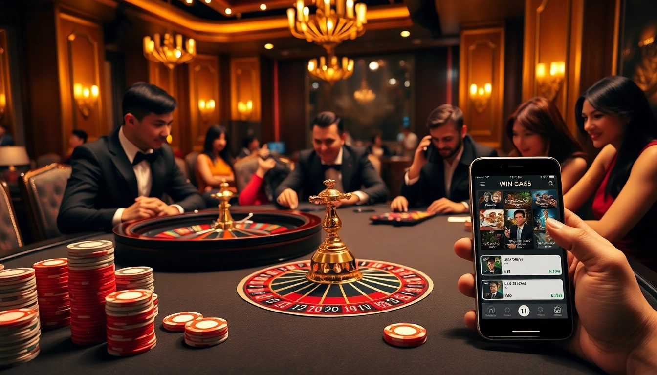 An exciting gaming scene at Nhà Cái Win55 featuring vibrant poker tables and players in action.