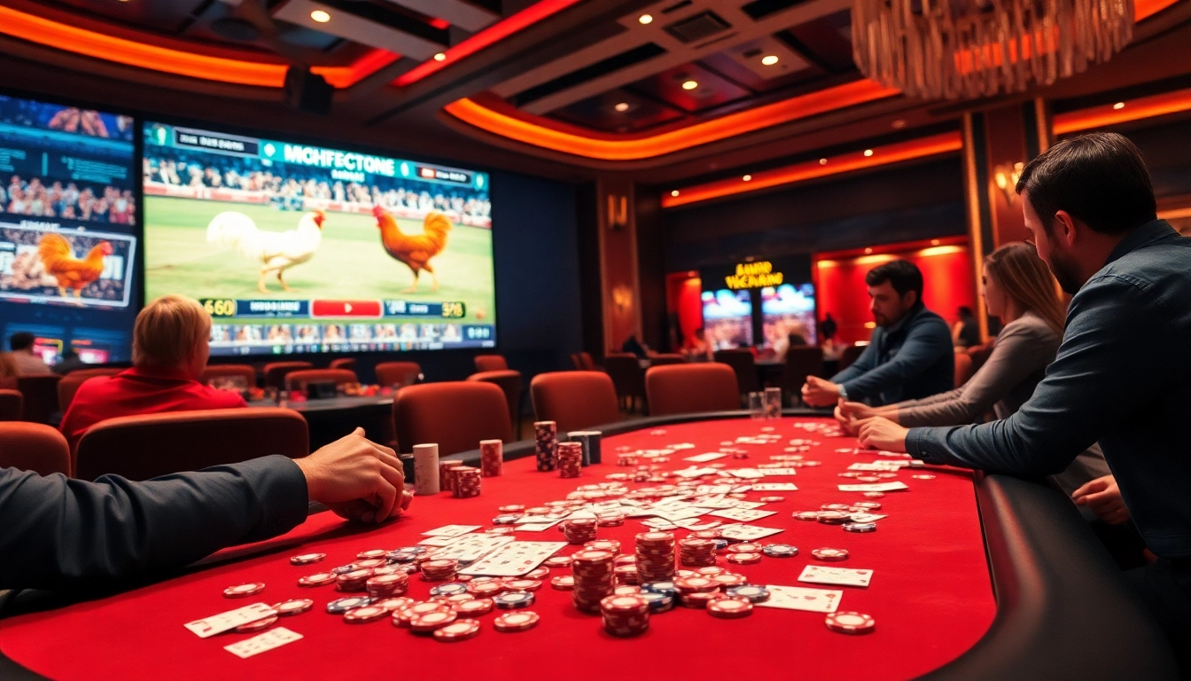 Experience the excitement of đá gà trực tiếp with vibrant casino visuals and engaging betting scenarios.