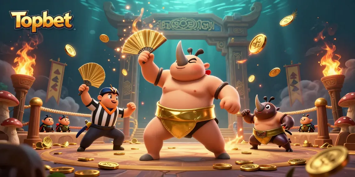 Topbet showcases an explosive gambling scene with a sumo champion and golden coins scattering